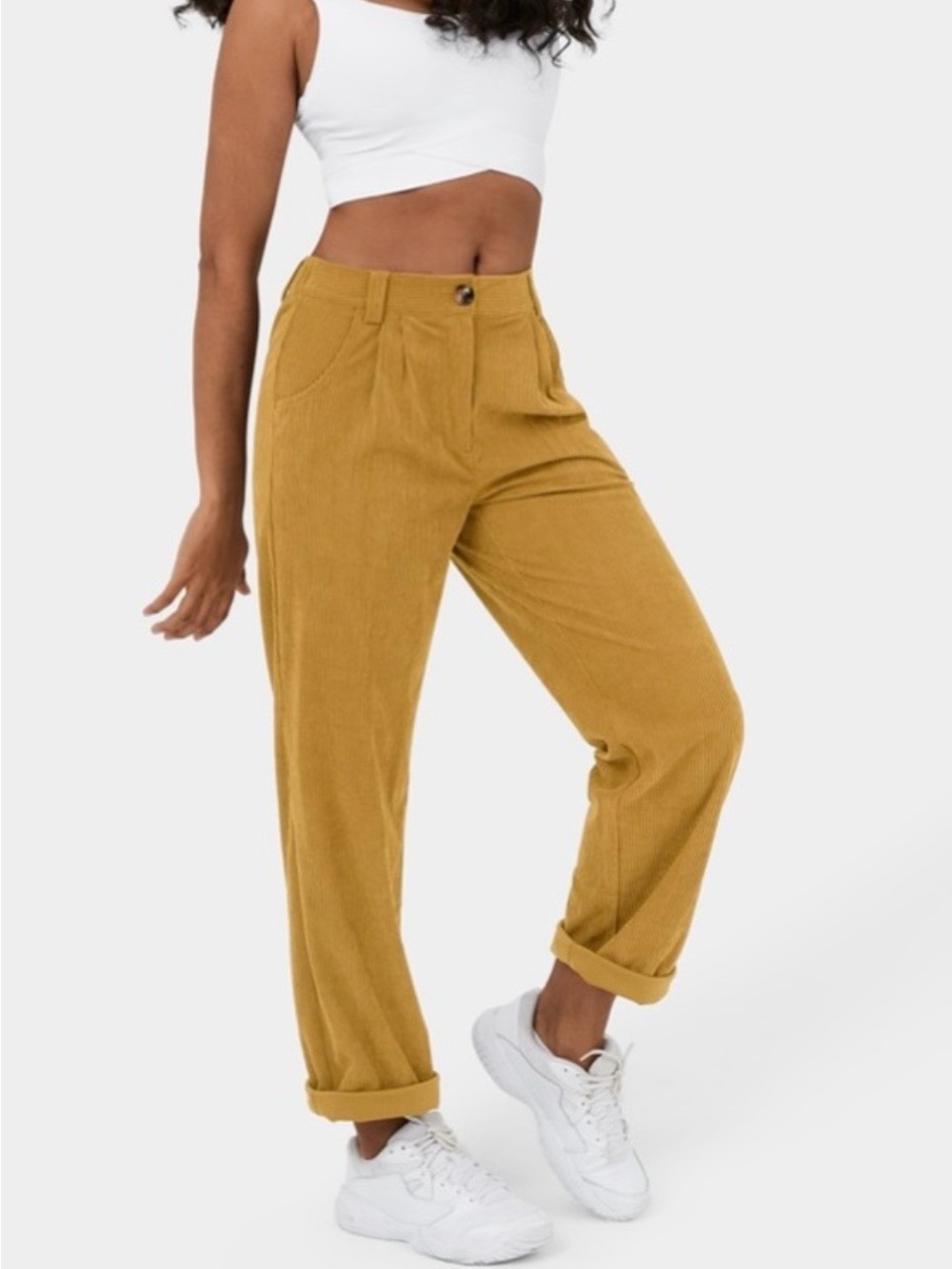 HALARA Gold Corduroy Mid-Rise Pants Pleated Pockets Relaxed Fit Size Small